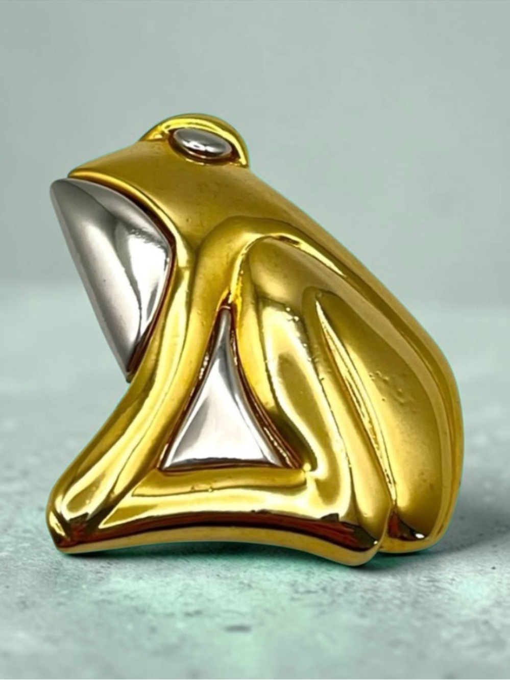 Cute Polished Silver and Gold Tone Frog Figural Brooch Contemporary Design